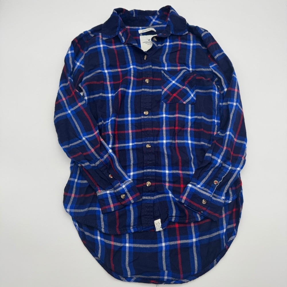 American Eagle Boyfriend Fit Plaid Flannel Shirt Navy Blue Red White XS - Picture 2 of 6